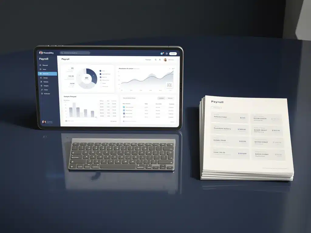 Salarisdashboard op gepolijst bureaublad met loonoverzicht, minimalistische toetsenbord en gesorteerde documenten in marineblauw en wit.