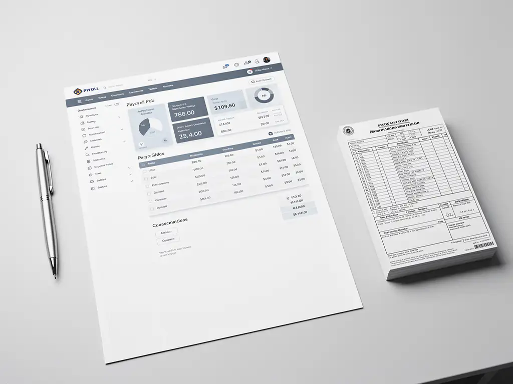 Salarisadministratie dashboard op wit papier naast een technisch pen en belastingdocumenten op een lichtgrijs bureau.