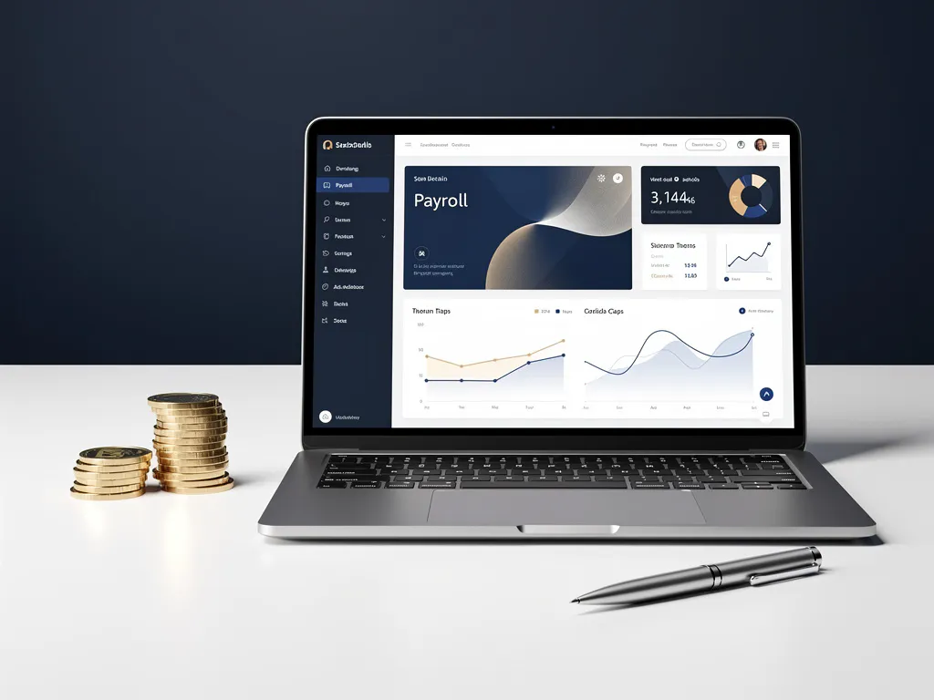Payroll dashboard op laptop naast gestapelde euromunten en pen op wit bureau, rustige professionele sfeer.