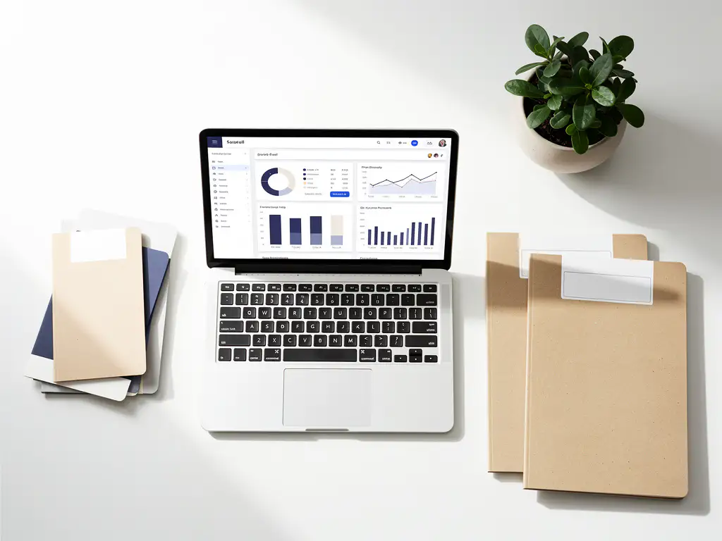 Salarisadministratie dashboard op laptop met personeelsmappen en kamerplant op minimalistisch wit bureau.