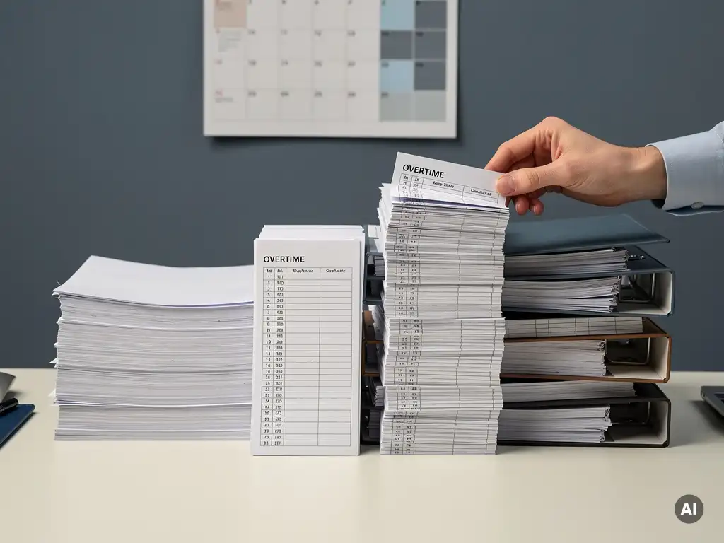 Nette salarisadministratie bureau met gestapelde mappen, overuren-urenstaten en kalender met piekperiodes, professional voegt zorgvuldig een dossier toe.